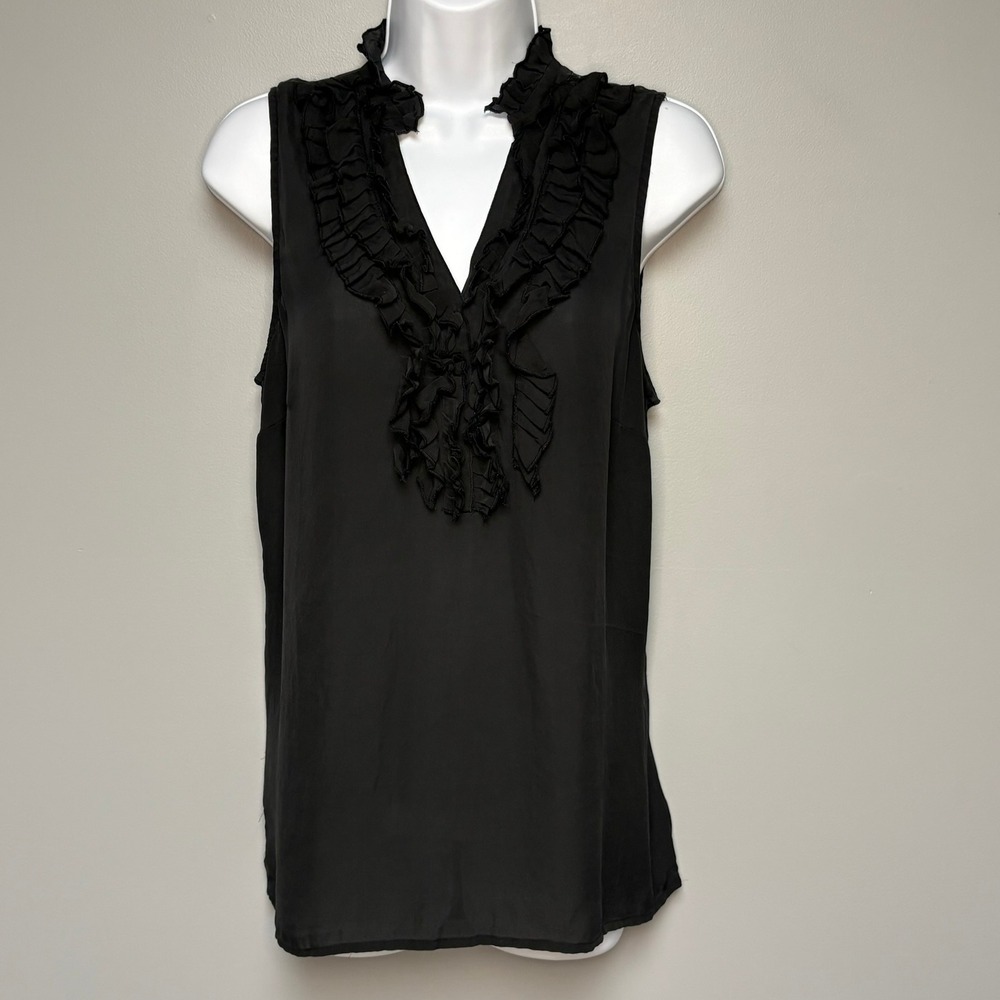 WHBM 100% Silk Chic Romantic Sheer Black Ruffle Sleeveless Blouse Sz L